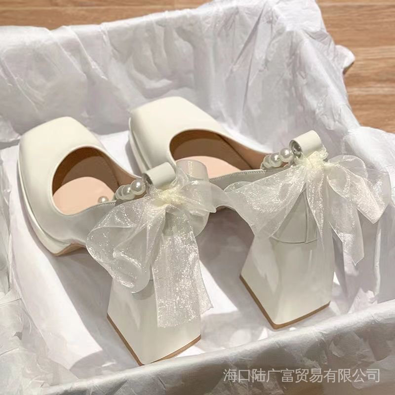 ⭐Xe Hơi H ng C⭐Giày Cao Gót Mary Jane Gót Vuông Dày Quai Nơ Phong Cách Thời Trang Xuân Hè 2022 UI1X