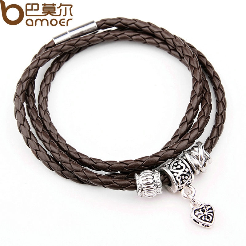 Vòng đeo tay BAMOER da PU nhiều lớp đính mặt hợp kim