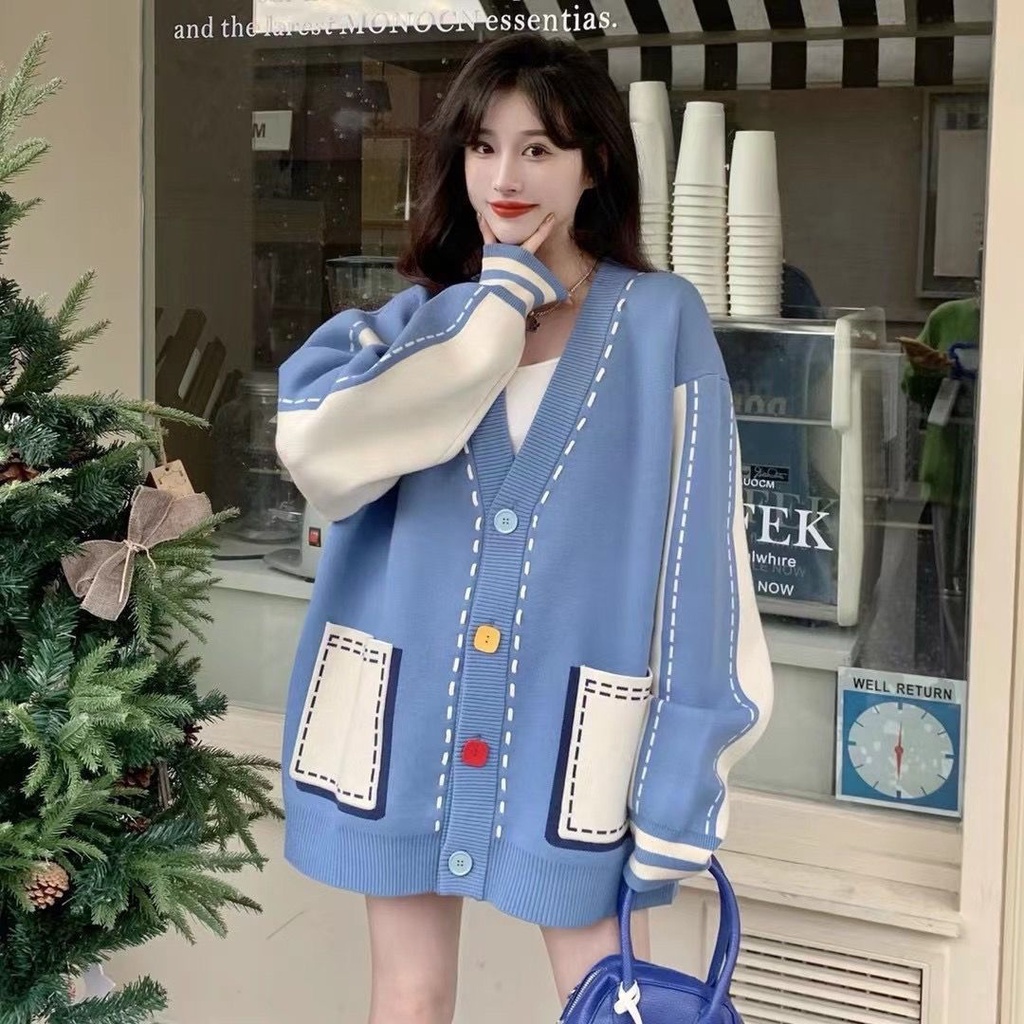 Áo Khoác Cardigan Dệt Kim Phối Màu Tương Phản Phong Cách Retro Thời Trang Thu Đông Mới