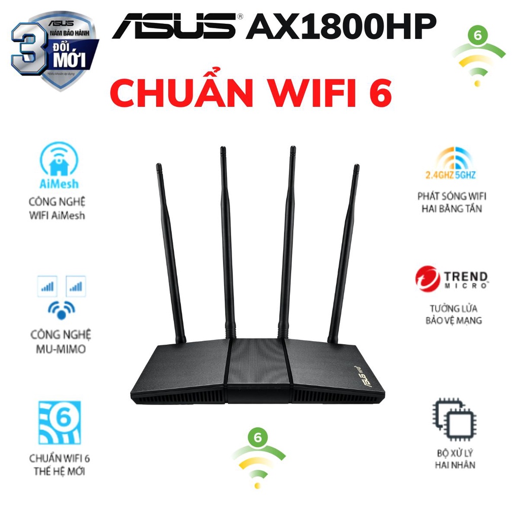 Bộ phát sóng Wifi Router chuẩn Wifi 6 ASUS AX-RT1800HP tốc độ siêu nhanh 1800Mbps - Chính hãng