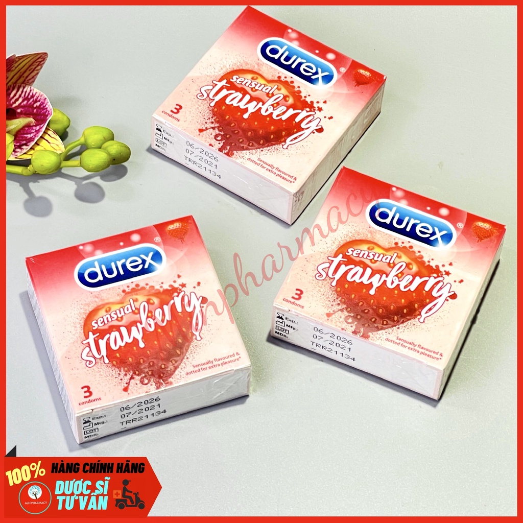 Bao Cao Su DUREX Sensual Strawberry Mùi hương ngọt ngào Hạt nổi 52mm - Minpharmacy