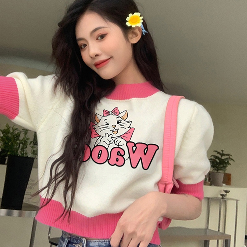 Áo Thun Crop Top Dệt Kim Tay Ngắn In Họa Tiết Mèo Hoạt Hình Đính Nơ Phong Cách Harajuku Cho Nữ