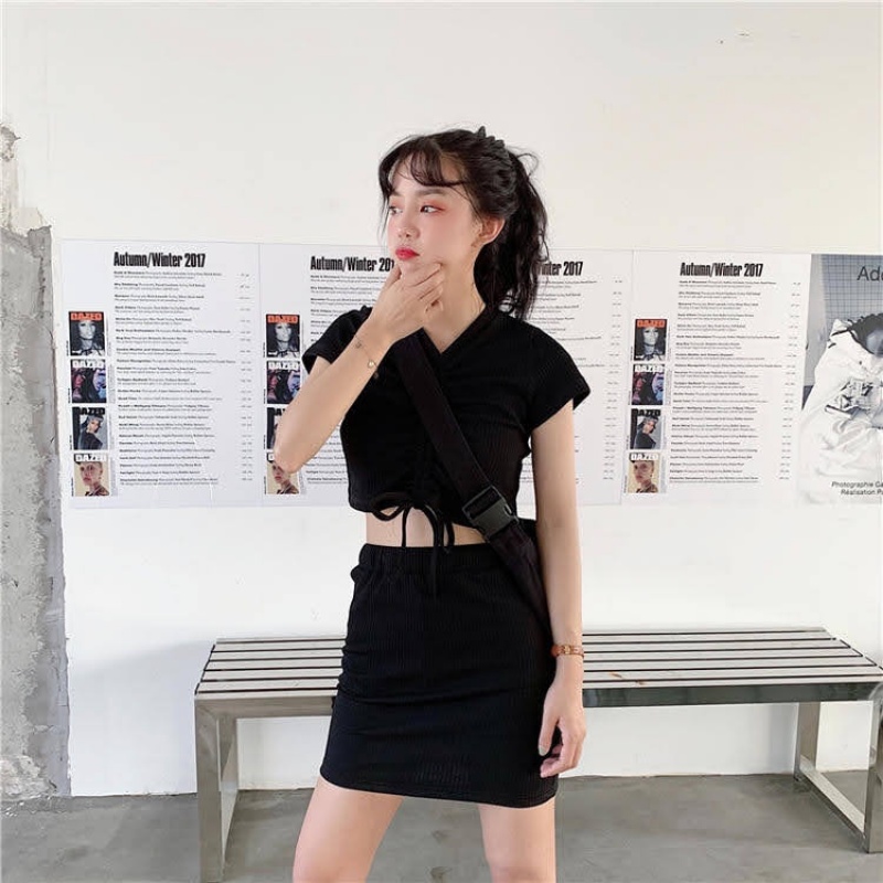Set đồ nữ TABISHOP set váy áo croptop rút dây phong cách ulzzang Hàn quốc đi chơi đi học siêu xinh