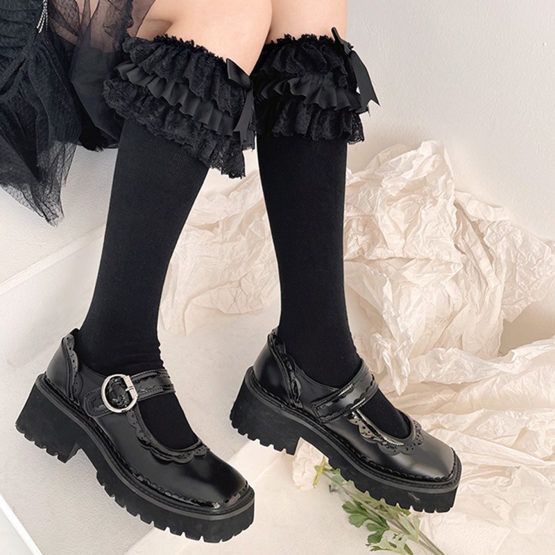1 Cặp Tất Ren Phối Nơ Dài Đến Đầu Gối Màu Trắng Đen Phong Cách Lolita Cho Nữ