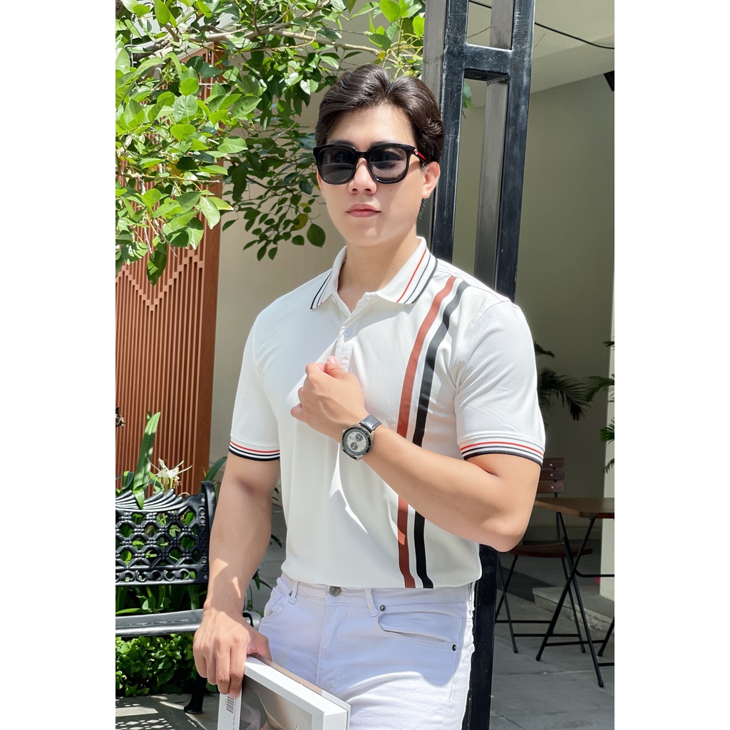 Áo polo nam cổ bẻ phối dây sọc nâu chất vải cá sấu Cotton xuất xịn,chuẩn form, sang trọng - thanh lịch TB039