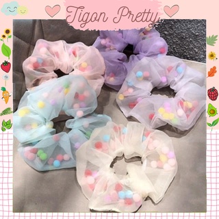 [ Loại To] Dây cột tóc vải Scrunchies Pom Pom voan xinh xắn