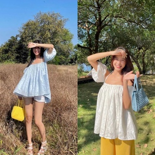 Áo babydoll hoa nổi cổ yếm bẹt vai tay phồng