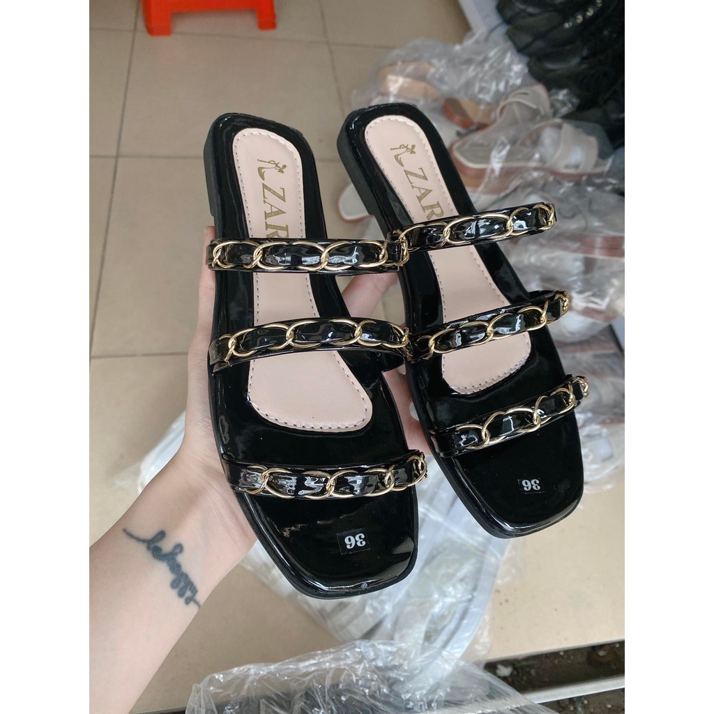 Dép thời trang 3 quai xích da bóng