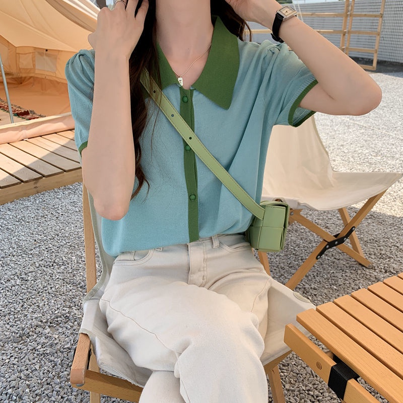 Áo Cardigan Dệt Kim Tay Ngắn Cổ Polo Màu Sắc Tương Phản Phong Cách Hàn Quốc