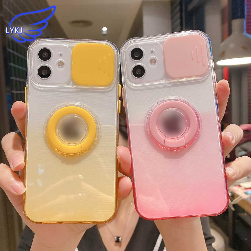 Ốp điện thoại màu gradient có giá đỡ và cửa sổ nắp trượt camera thích hợp cho iPhone 12 11 Pro Max XS Max XR X 8 7 plus