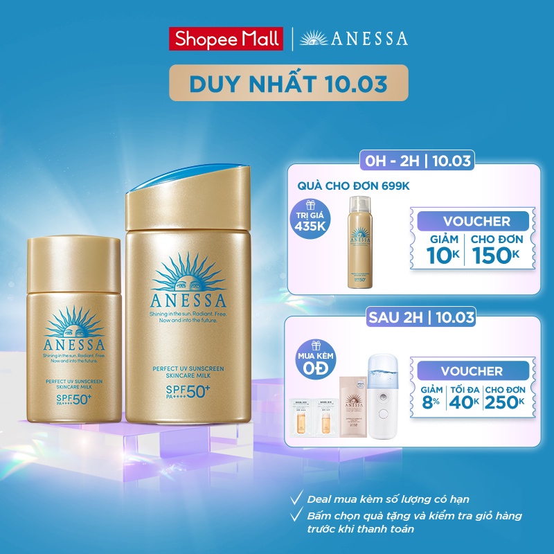 Bộ đôi sữa chống nắng dưỡng da kiềm dầu bảo vệ hoàn hảo Anessa Perfect UV Sunscreen Skincare Milk SPF50+ PA++++,60+20 ml