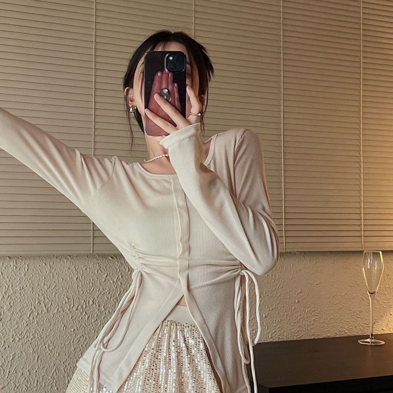 Áo Thun Dài Tay Cổ Tròn Phối Dây Rút Thời Trang Cho Nữ