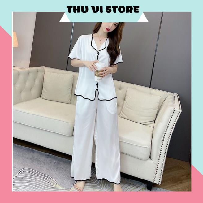 Đồ Bộ Pijama, Bộ Mặc Nhà Áo Nữ Lụa Tay Ngắn Quần Dài Cổ Lật Gợn Sóng Chất Liệu Lụa Satin Nhiều Màu, Form Rộng Rãi Thoáng | BigBuy360 - bigbuy360.vn