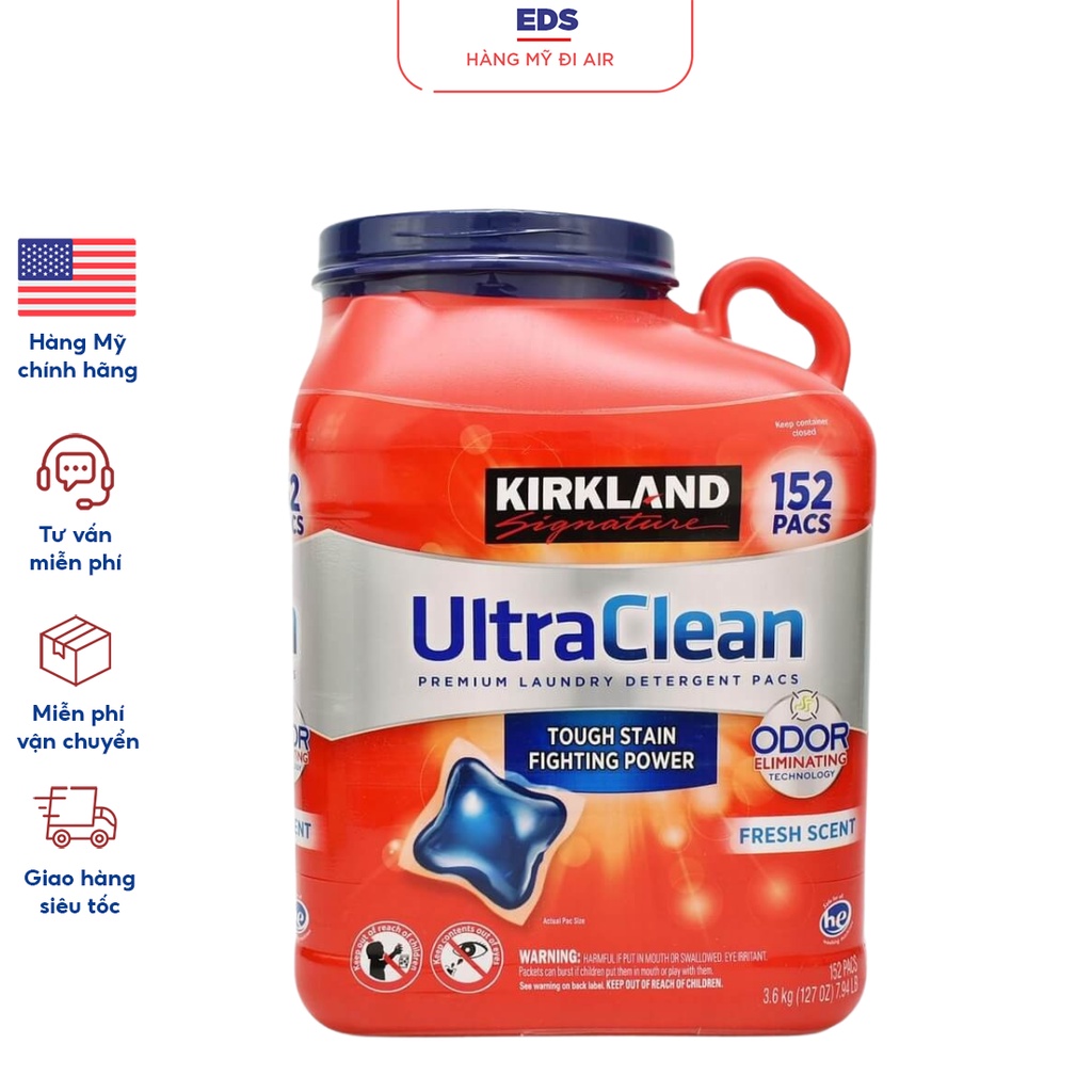 Viên giặt xả quần áo Kirkland Ultra Clean 152 viên 3.6kg - EDS Hàng Mỹ