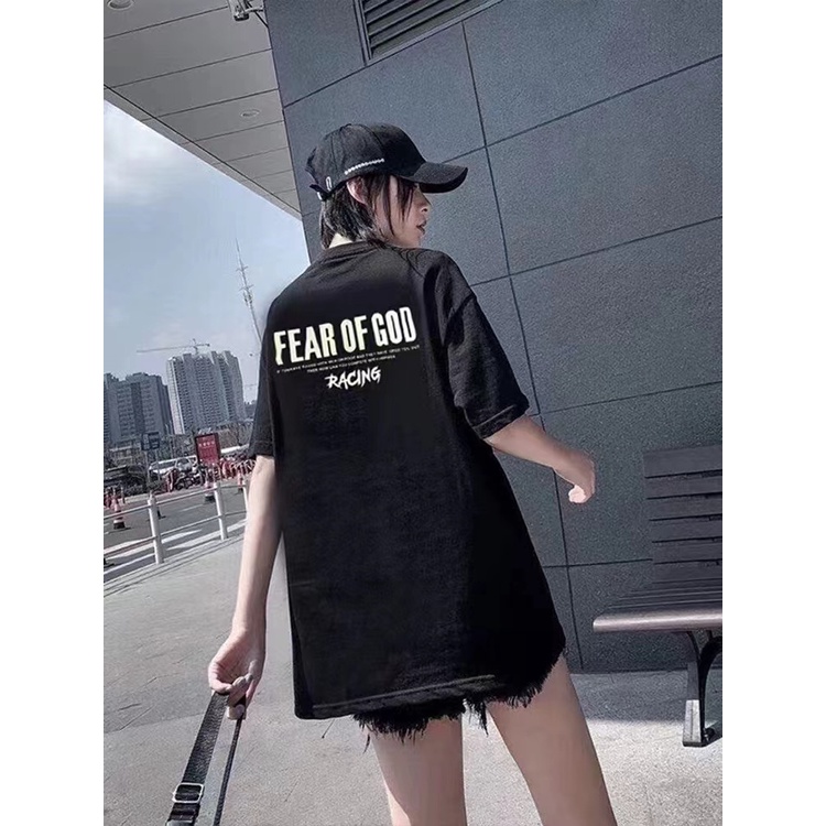 Áo thun Fog fear of god bằng cotton tay ngắn chữ màu đen dáng rộng cho cặp đôi