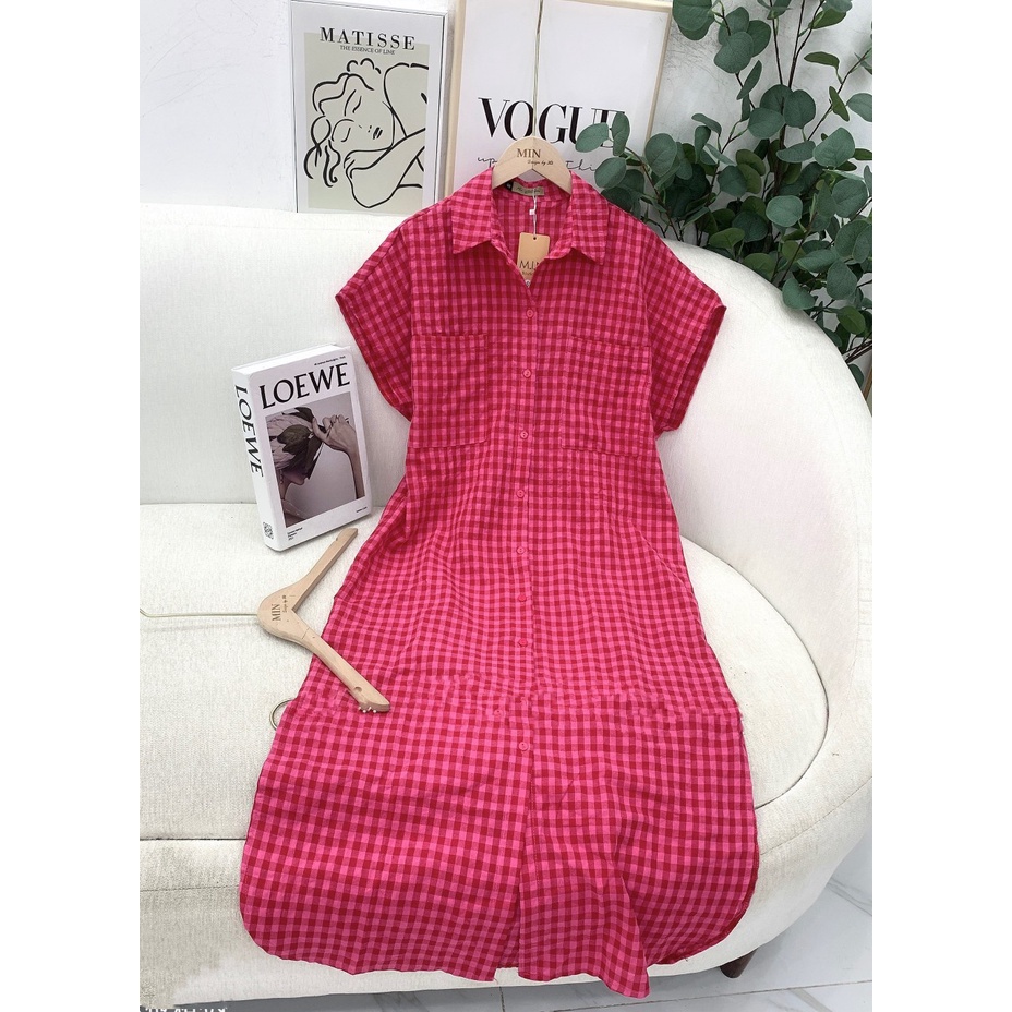 Váy sơ mi kẻ caro,đầm suông rộng,maxi dáng dài thoải mái bầu bí bon chen bazic from  65kg-Minxy shop