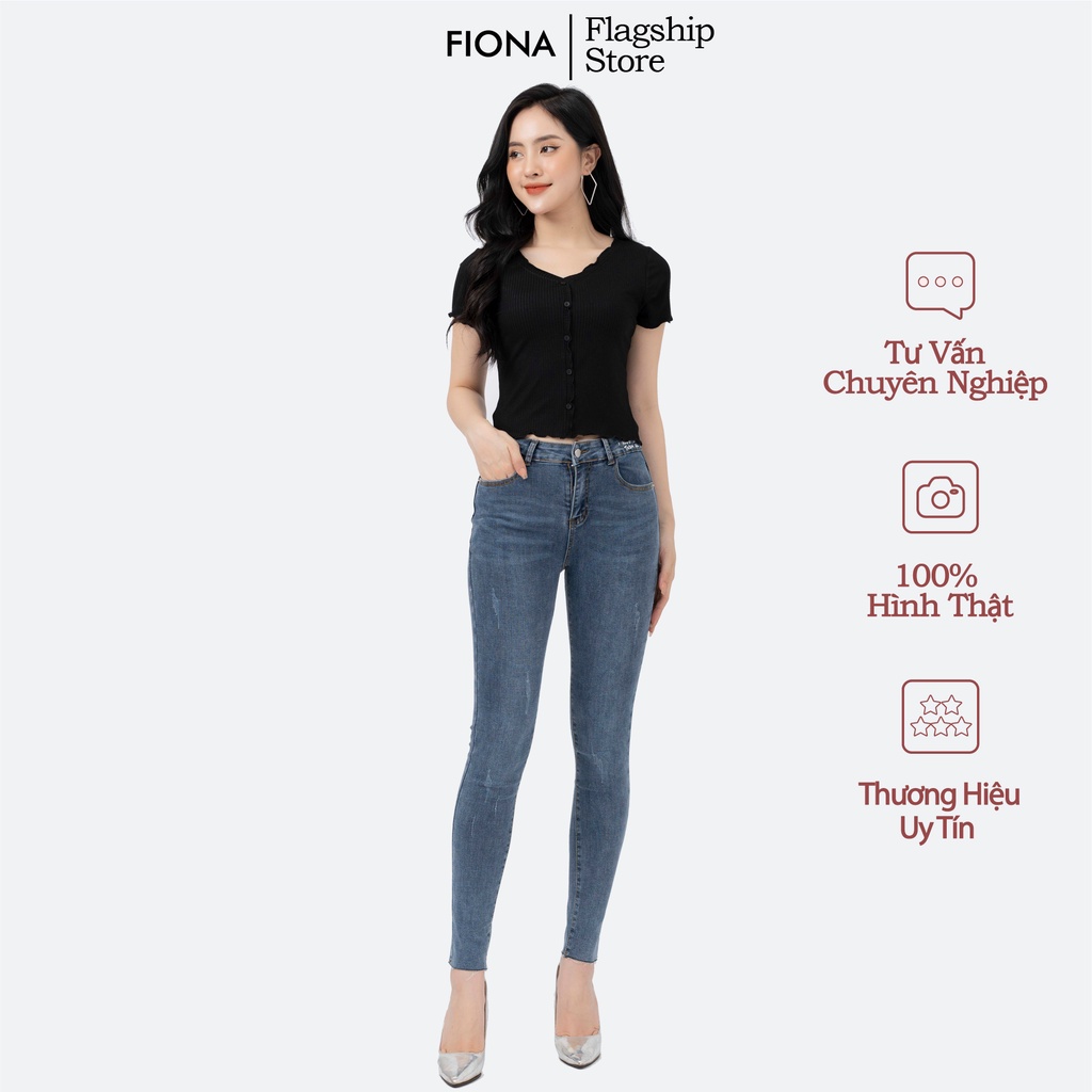 Quần bò dáng ôm, quần Jeans nữ in chữ trang trí cạp FIONA B342011