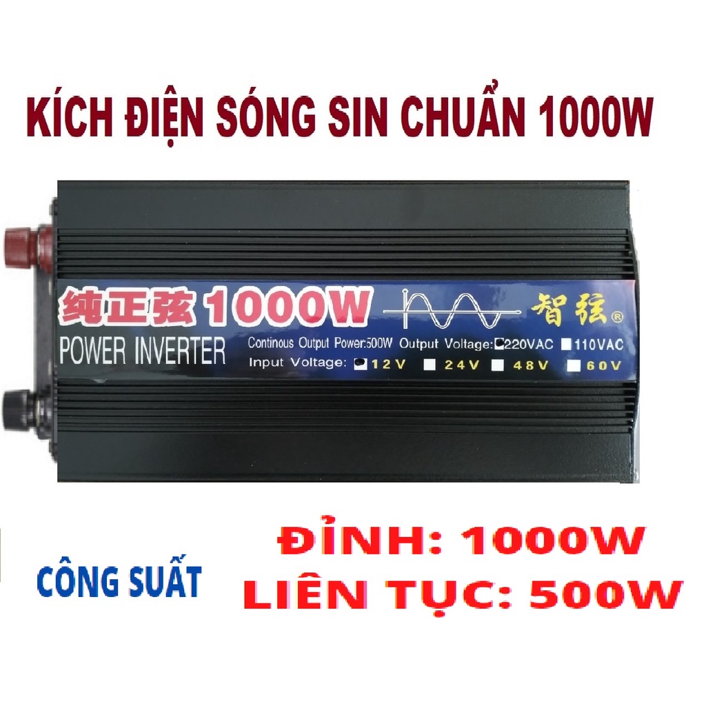 Bộ đổi điên Inverter sin chuẩn 1000W 12V sang 220V Có Led hiển thị