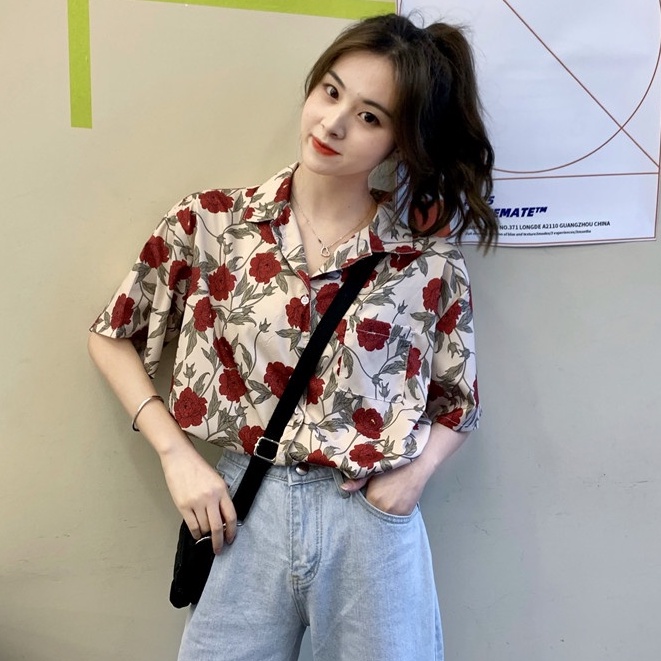 Áo Sơ Mi Nữ Ngắn Tay In Hoa Thời Trang Hàn Quốc Mới