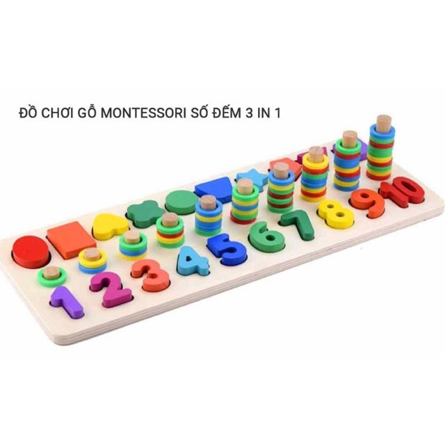 Đồ chơi gỗ Montessori 3 in 1 ( gồm 10 con số, 10 hình học và 55 vòng đếm đa màu sắc)