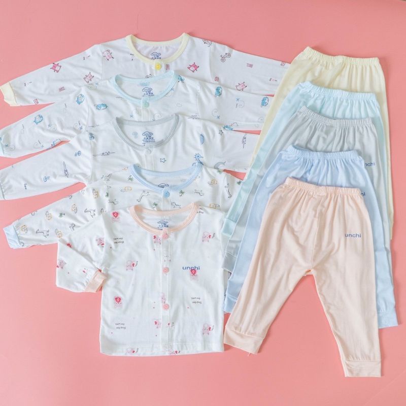 Bộ Quần Áo Dài Sơ Sinh Unchi Vải Petit Mềm Mát Khuy Giữa