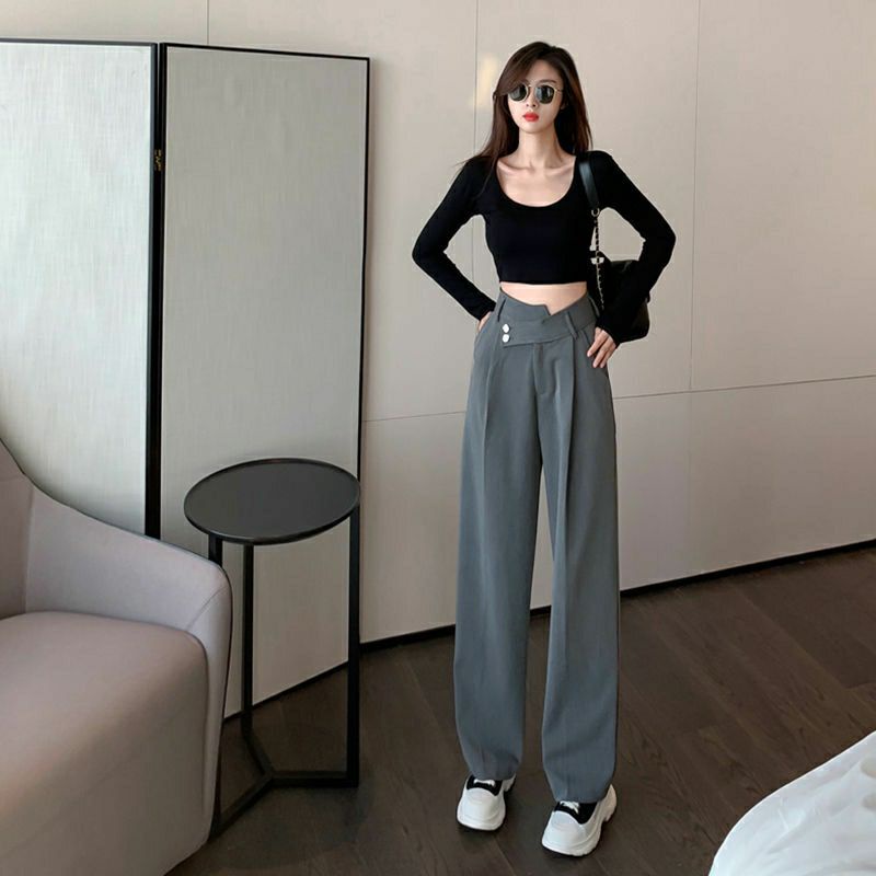 QUẦN VẢI CẠP LỆCH LƯNG CAO DÁNG SUÔNG 2 MÀU XÁM, ĐEN