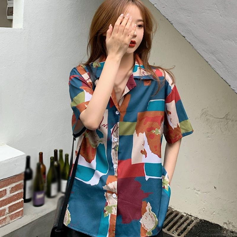 Korean Style Geometric Print Loose Casual Chiffon Shirt