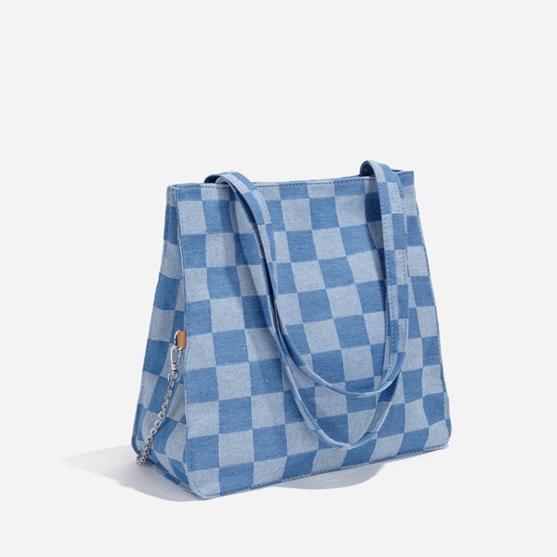 Túi xách đeo vai IELGY sức chứa lớn vải canvas họa tiết ca rô màu xanh dương