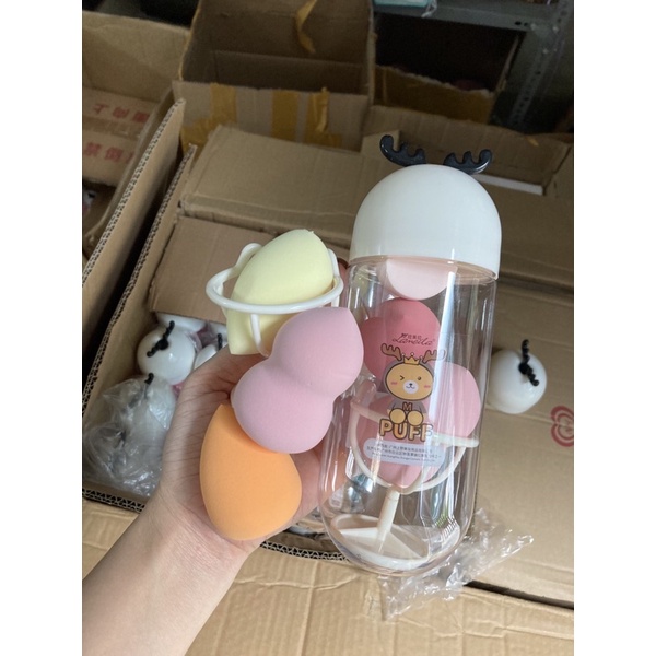 Hộp 3 loại mút trang điểm + chân đế đựng mút Lameila