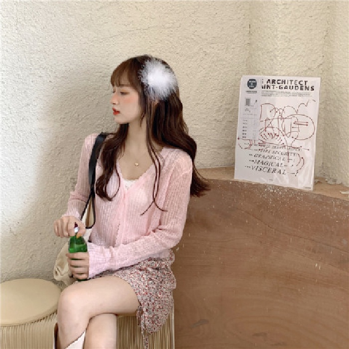 【ZHELIHANGFEI】Áo Khoác Cardigan Dệt Kim Tay Dài Cổ Chữ V Chống Nắng Lưng Cao Phong Cách Quyến Rũ