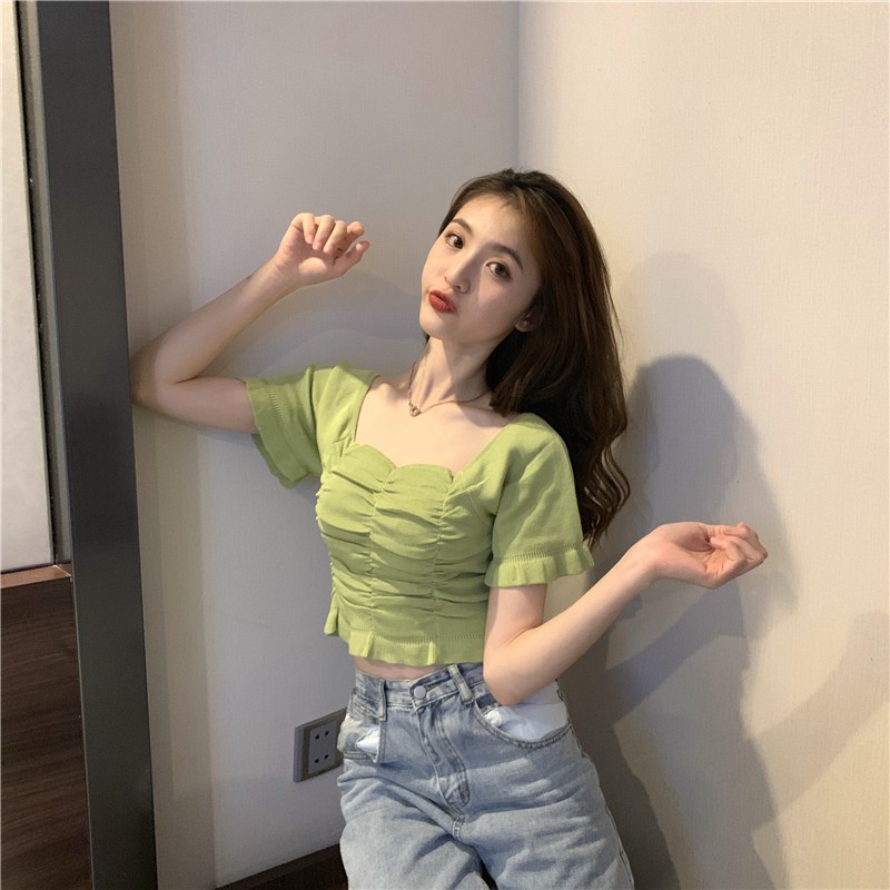 Áo Croptop Tay Ngắn Thiết Kế Đơn Giản Phong Cách Retro