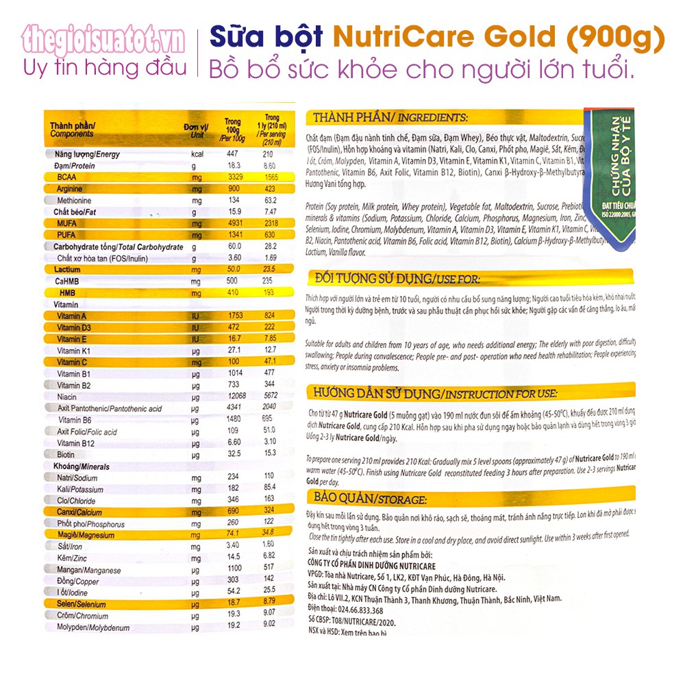 Sữa Nutri Care Gold Dinh dưỡng Hoàn hảo cho người lớn tuổi 900g