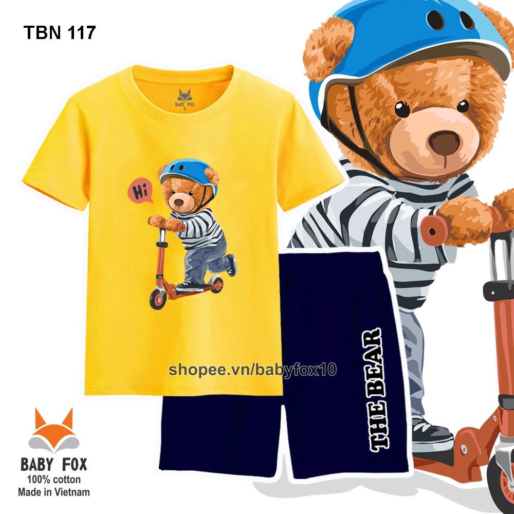 Bộ thun bé trai 100% cotton loại tốt, thương hiệu BABY FOX, in hình gấu, size nhỏ, trung, đại a