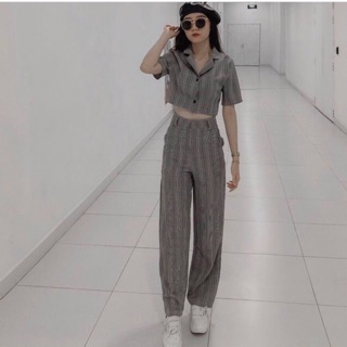 Sét áo caro croptop + quần suông caro