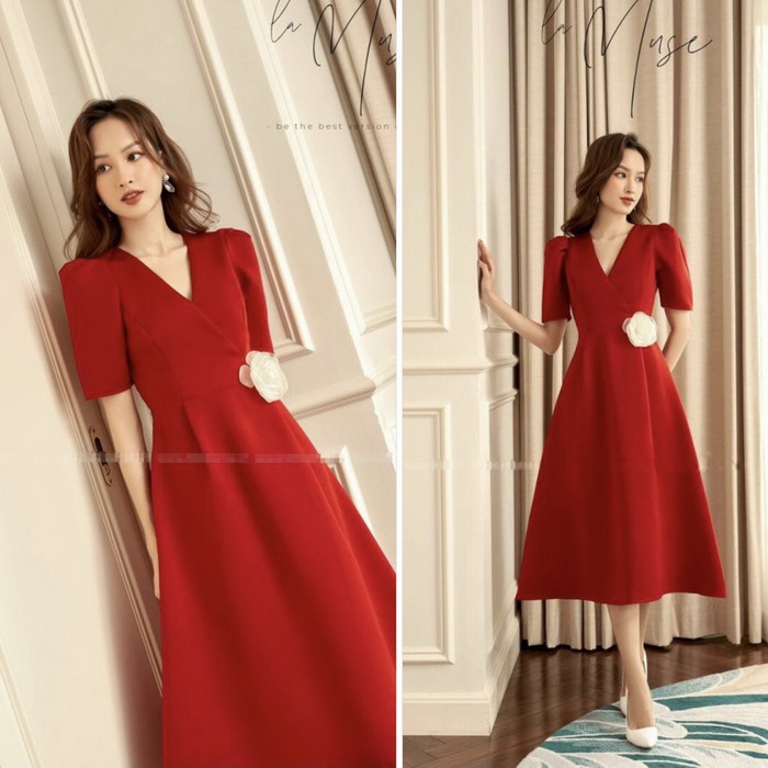 Đầm Xòe Đỏ Đắp Chéo Cài Hoa Cực Sang Trọng, Nữ Tính, Giá Rẻ GR204