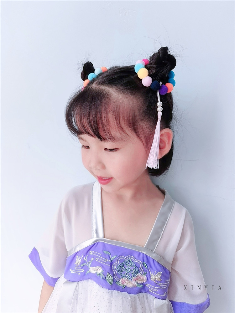 Dật Cột Tóc Đính Bóng Tròn Phối Tua Rua Nhiều Màu Sắc Xinh Xắn Cho Bé Gái
