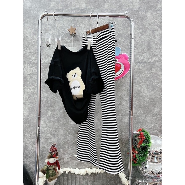 Set áo thun cotton gấu thêu quần ống rộng xinh xắn d8