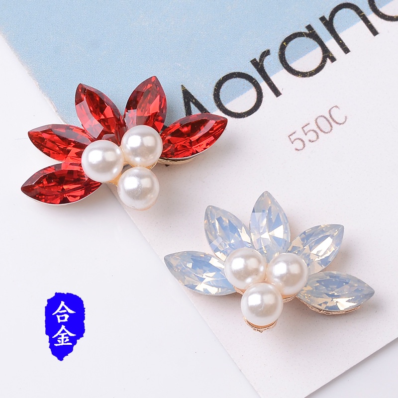 Hoa kim loại hình quạt phối ngọctrai 30*22mm, Nguyên liệu làm trang sức cổ trang, nguyên liệu diy