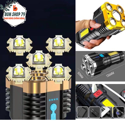 Đèn pin siêu sáng 5 bóng với 4 chế độ sáng thiết kế nhỏ gọn tiên lợi, Đèn tích điện siêu sáng cầm tay độ sáng cao