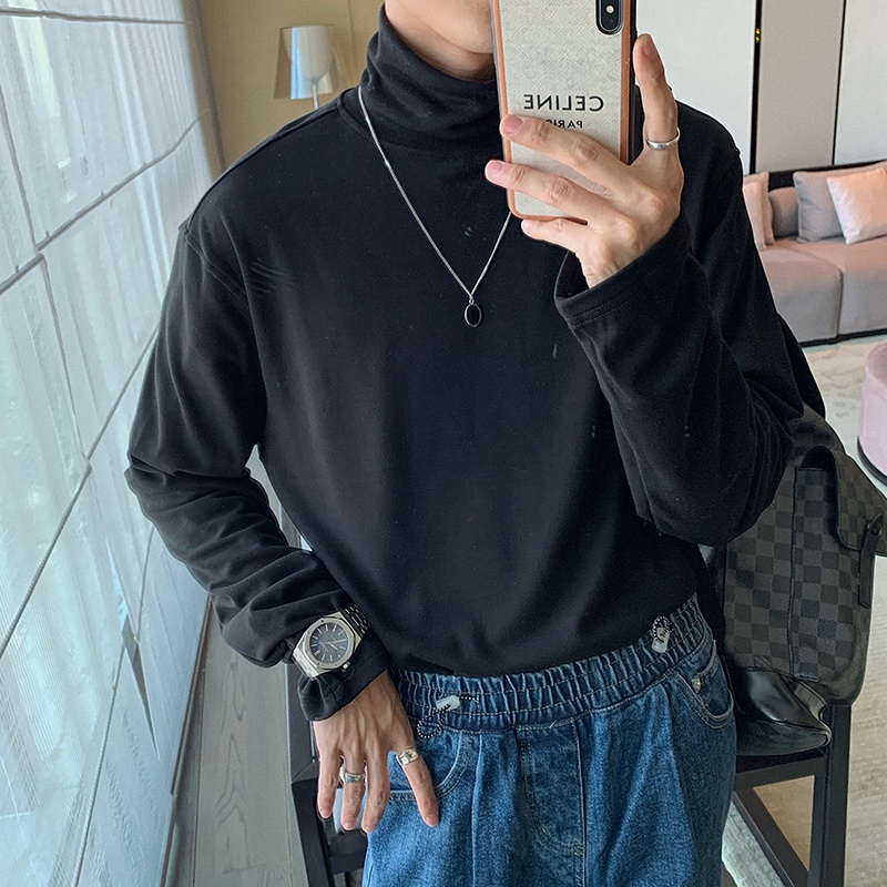 Áo thun tay dài cổ cao dáng rộng màu trơn thời trang thu đông cho nam | BigBuy360 - bigbuy360.vn