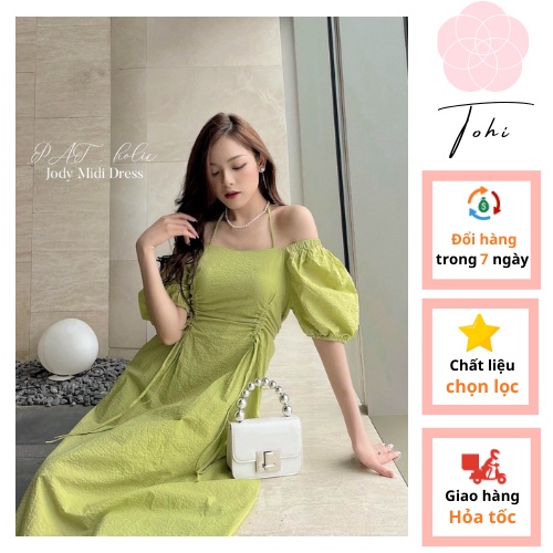 Váy 2s trễ vai tay bồng xanh pastel cốm rút hông đầm 2 dây