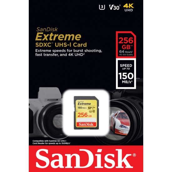 Thẻ nhớ Máy Ảnh SDXC SanDisk Extreme 256GB V30 UHS-I U3 4K 150MB/s (Vàng)