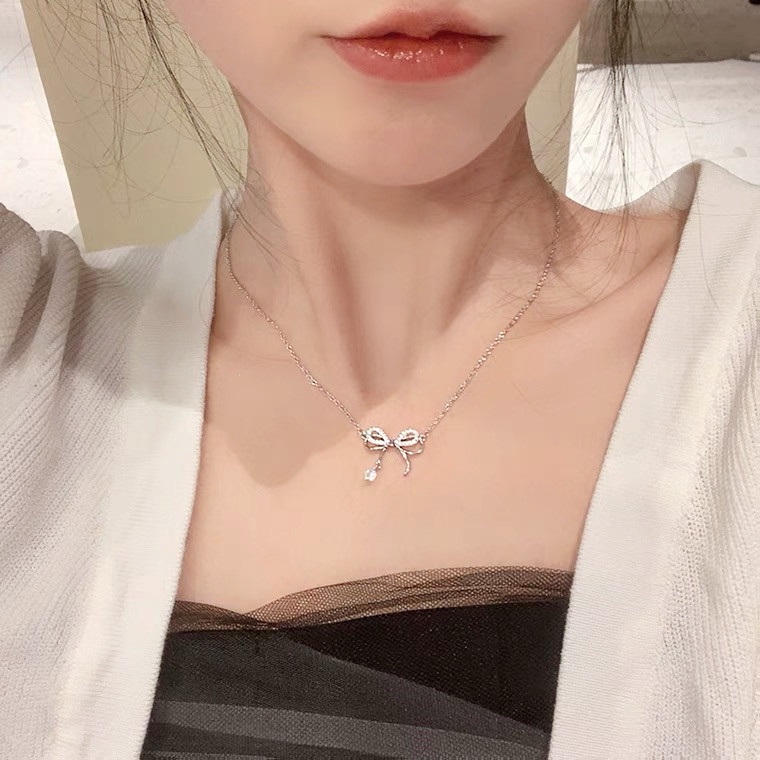 Vòng cổ Bạc Mặt Nơ Pha Lê Thời Trang Phong Cách Hàn Quốc Cho Nữ