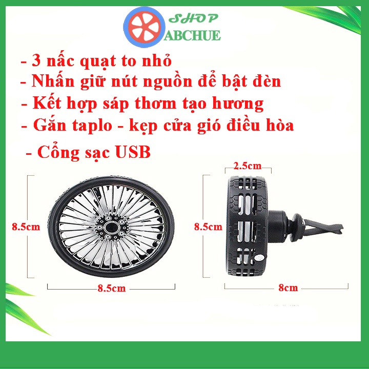 Quạt ô tô mini để taplo xe ô tô , Gắn cửa gió điều hòa có đèn led kết hợp sáp thơm