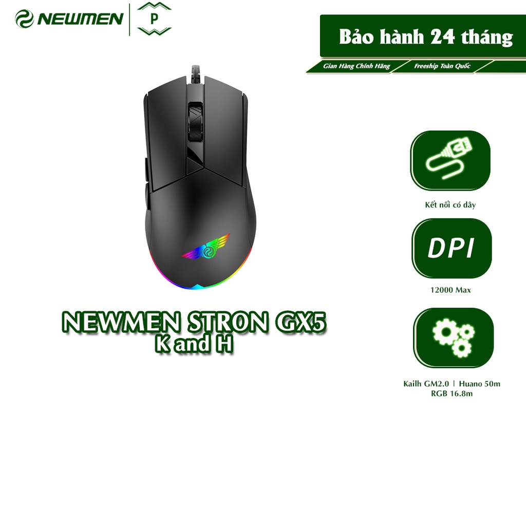 Chuột máy tính có dây Gaming NEWMEN STRON GX5,12000 DPI,Sensor Pixart PAW3327,LED RGB,for FPS,RTS-Hàng chính hãng,BH 24M