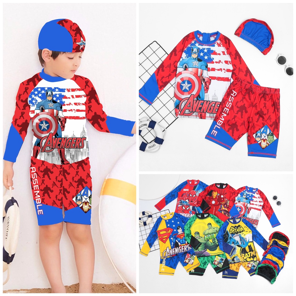 ✇✉❦Bộ bơi quần áo siêu nhân cho bé trai chất liệu thun co giãn 4 chiều kèm mũ samkids NHEN2205