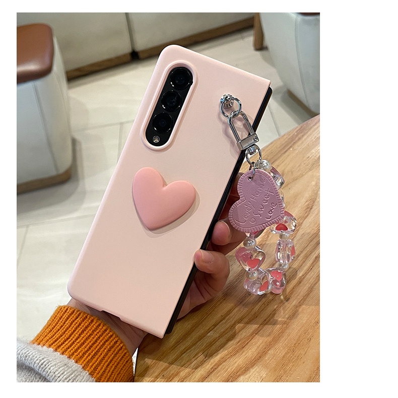Ôp Điện Thoại Màu Hồng Họa Tiết Trái Tim Phối Dây Đeo Tay Dễ Thương Cho samsung galaxy z fold 5 4 2 3 5g Ốp