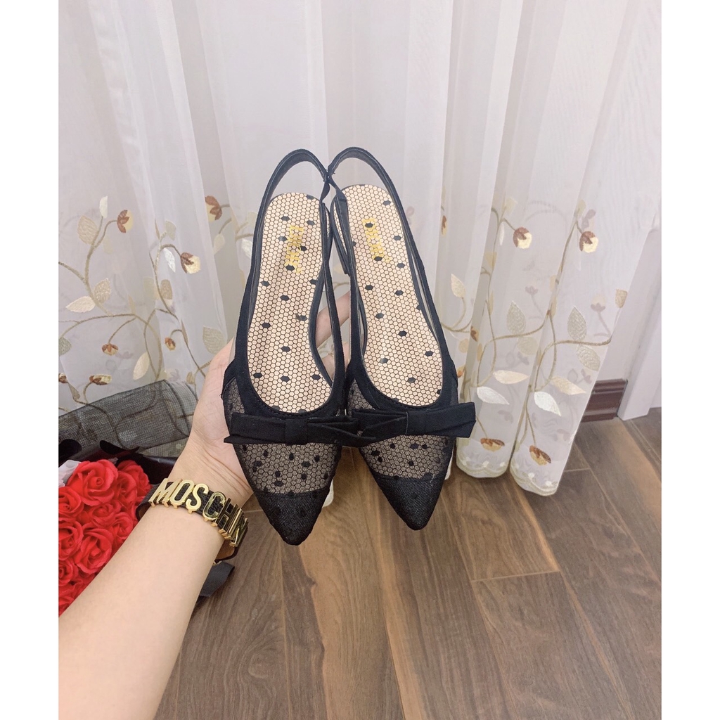 Giày bệt lưới chấm bi nơ nhí xinh xắn mũi nhọn mẫu mới 2020