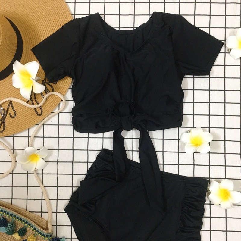 Bikini 2 mảnh áo tay ngắn cột nơ bụng kín đáo, chất liệu co dãn thoải mái