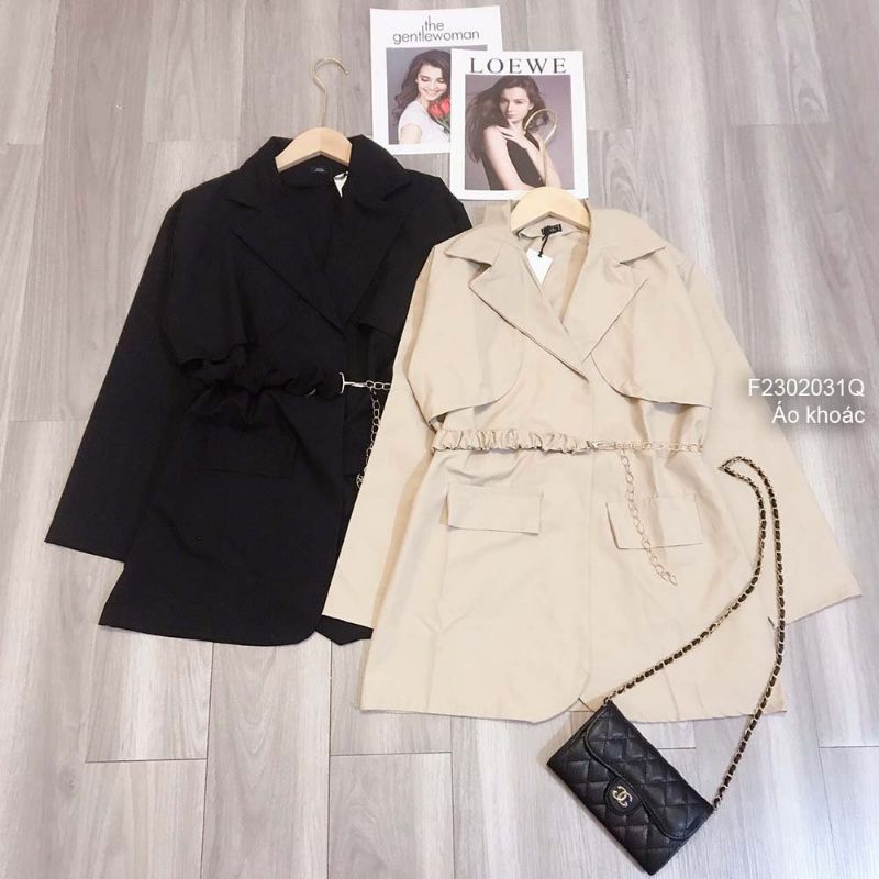 Áo khoác cổ vest đắp túi nắp tay dài thắt dây đai gài xích 2302